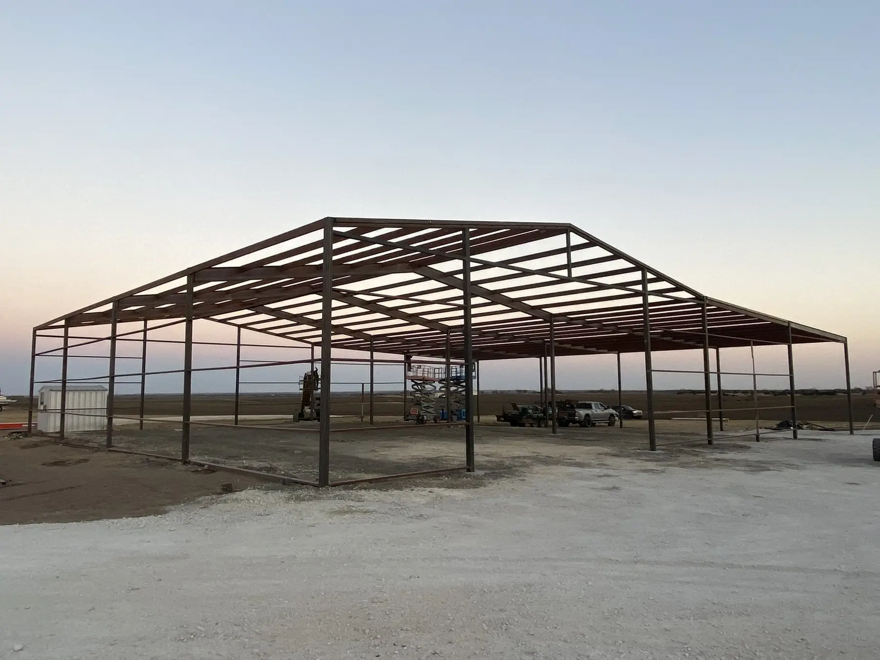 Wide-span frame before panel goes on — custom metal buildings by RMB in in progress