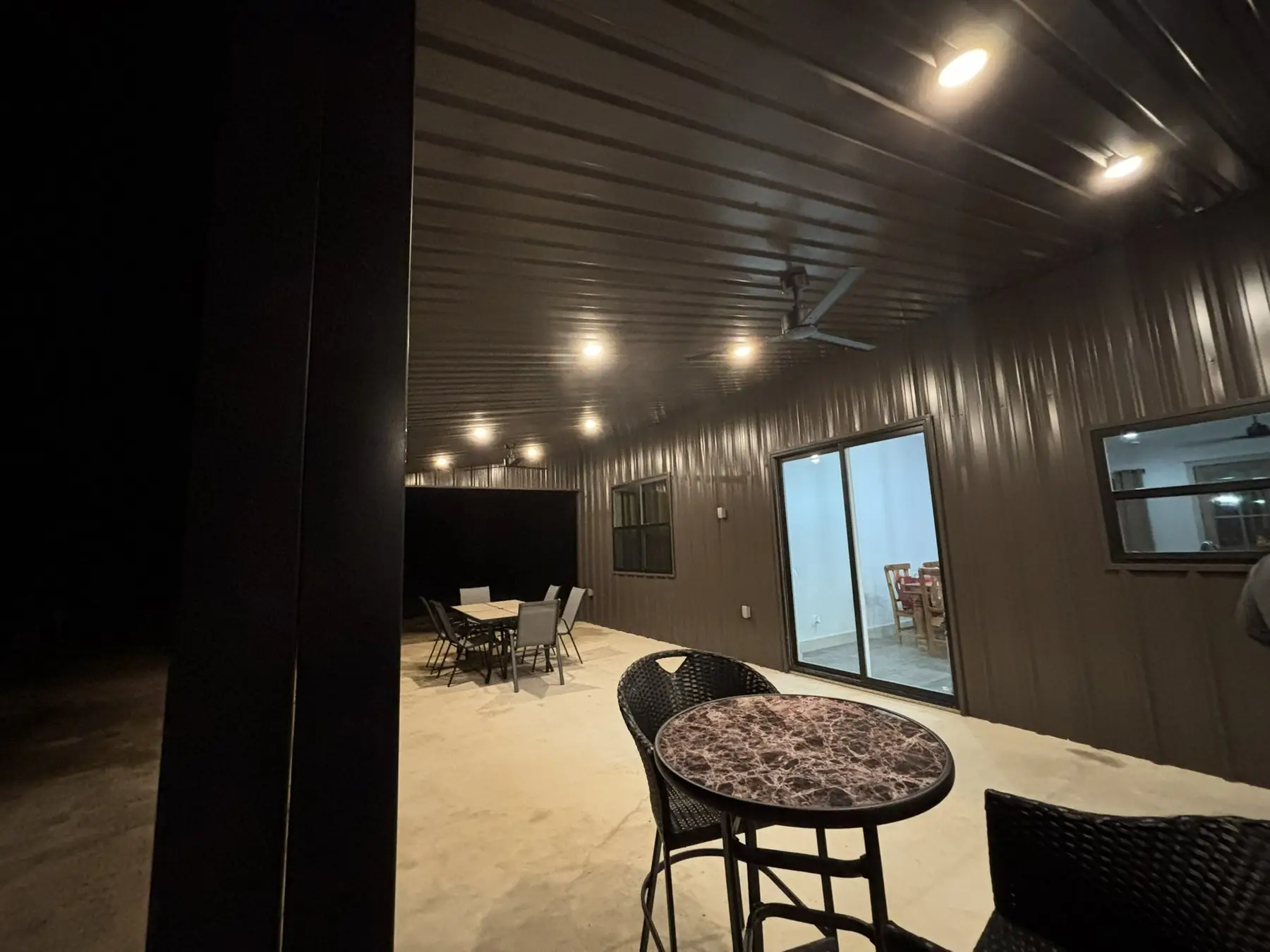 Finished interior at dusk — built by Rodriguez Metal Buildings, interior